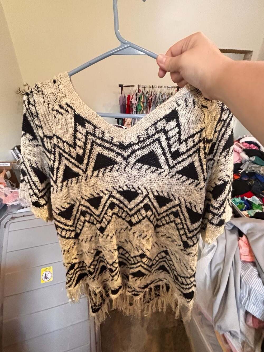 Oh MG! Black and Beige Geometric Pattern Knit Poncho Sweater with Fringe Size L
